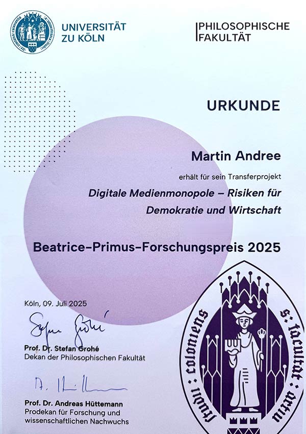 Martin Andree Urkunde Beatrice-Primus-Forschungspreis 2025